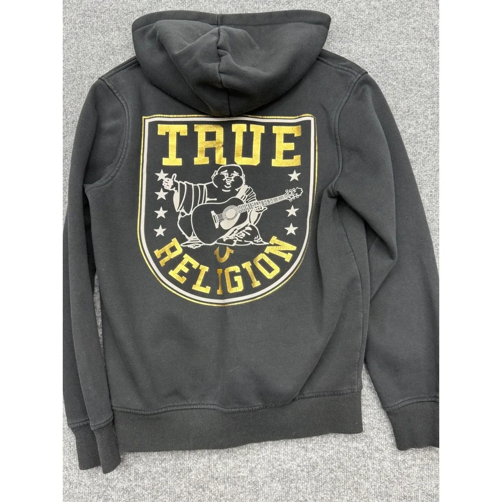 True Religion Mens Buddha Logo Zip Up Hoodie Black Gold‎ Graphic Sweatshirt S